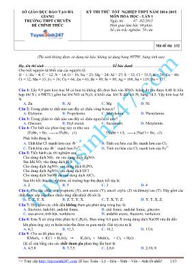 Kỳ thi thử tốt nghiệp THPT năm 2014 - 2015 môn Hóa học lần 1 - Mã đề thi 132